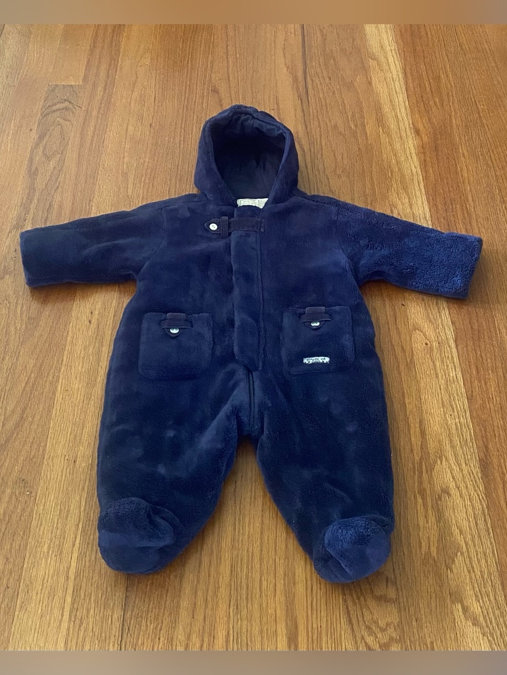 Emile et Rose Navy Fleece Plush Hooded Pramsuit with Corduroy Accents